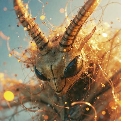 The primary subject of the image is a close-up of a strange, insect-like creature with a gold body and a pair of horns. The setting is a dark background, which contrasts with the bright gold color of the insect. The visual style appears to be a combination of a photo and digital art, creating a unique and intriguing appearance. The colors and mood of the image are predominantly gold and dark, giving it a mysterious and captivating atmosphere.
